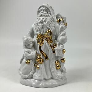 Vtg White Gold Santa Figurine Ceramic Porcelain Lrg 10″ Holiday Decor Christmas